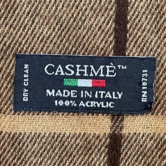 Cashme’ Brown Plaid Long Scarf 100% Acrylic Vintage Made in Italy Soft & Cozy - Picture 2 of 6